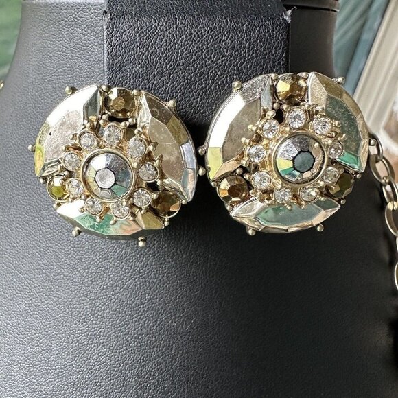 Vintage‎ Statement Necklace 22" w Match Earrings Flower Design Clear Rhinestones - Picture 4 of 11